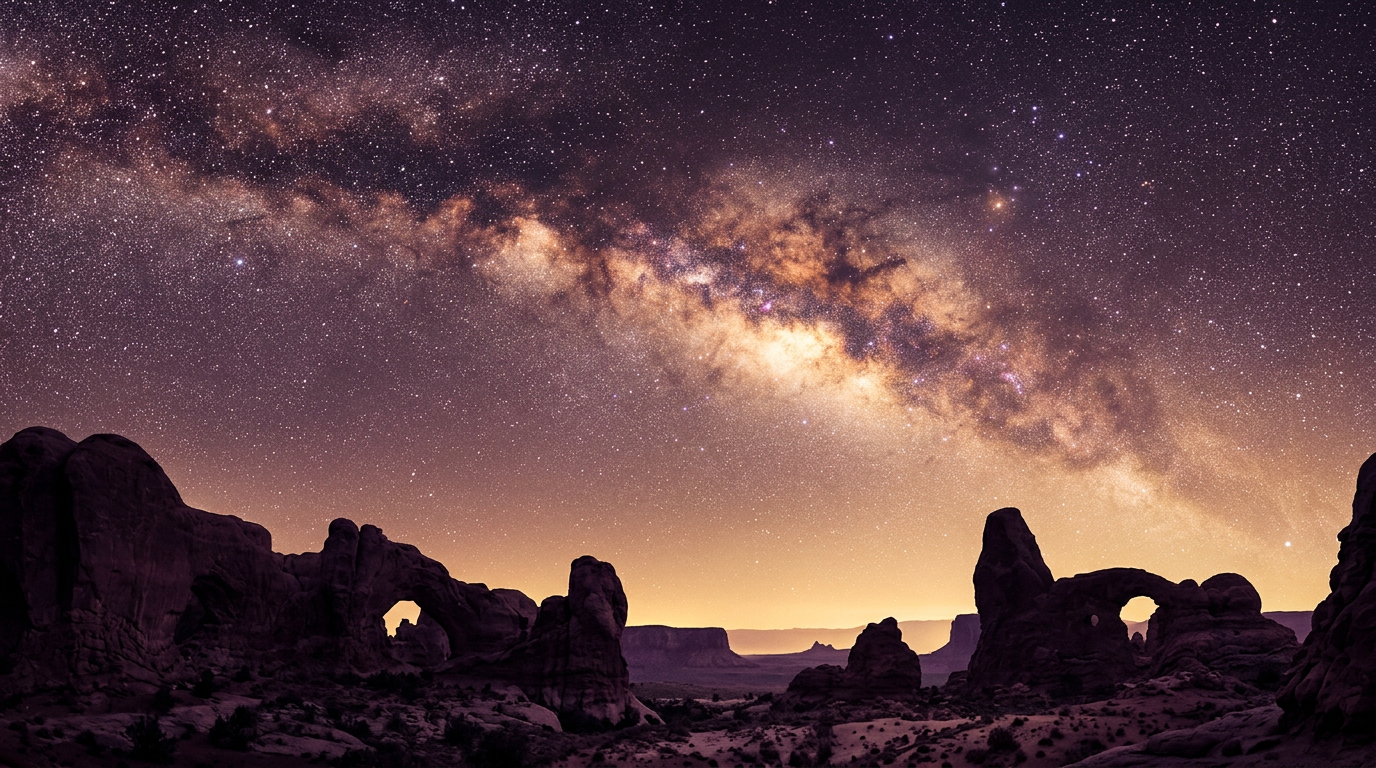 The Milky Way stretching over silhouetted desert rock formations at night