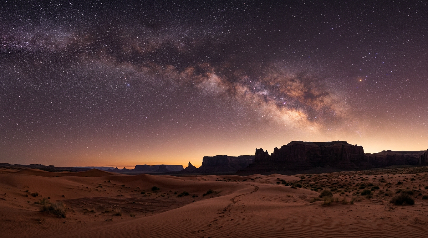The Milky Way arching over warm terracotta desert dunes at night