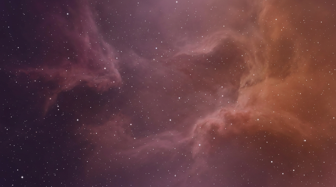 A dreamy cosmic sky of plum and terracotta nebula clouds scattered with stars