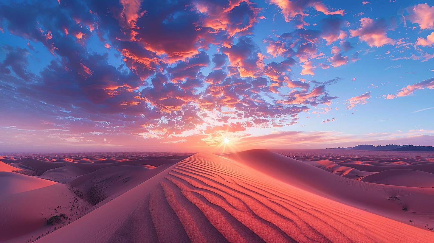 Golden desert dunes under a warm terracotta sky